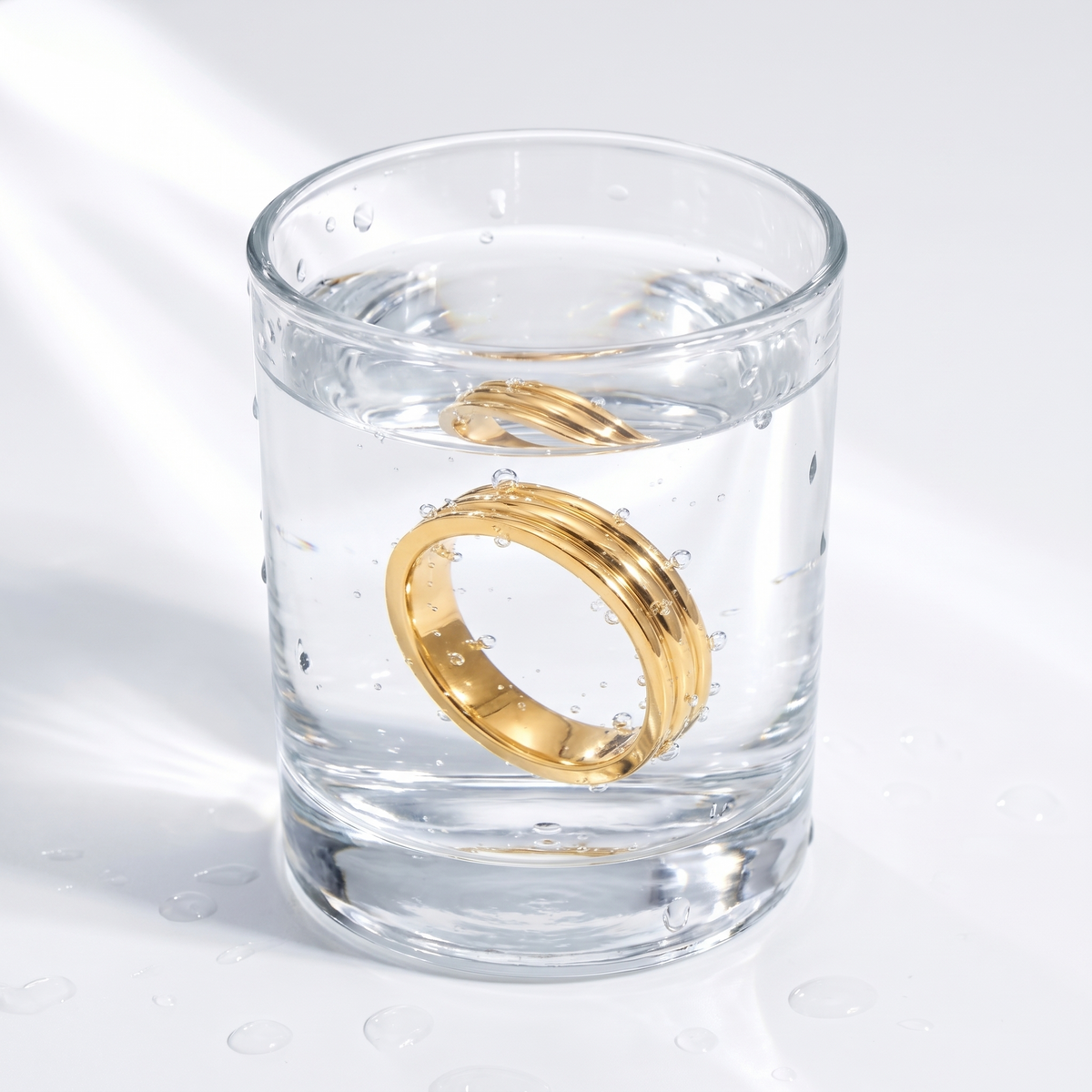 Anillo triple de ceremonia bañado en oro de 18K en un vaso de agua