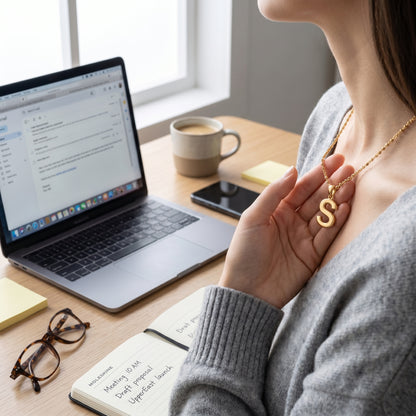 Collana Iniziale Lettera Oro 18K - lifestyle scrivania quotidiana - UpperEast Jewels