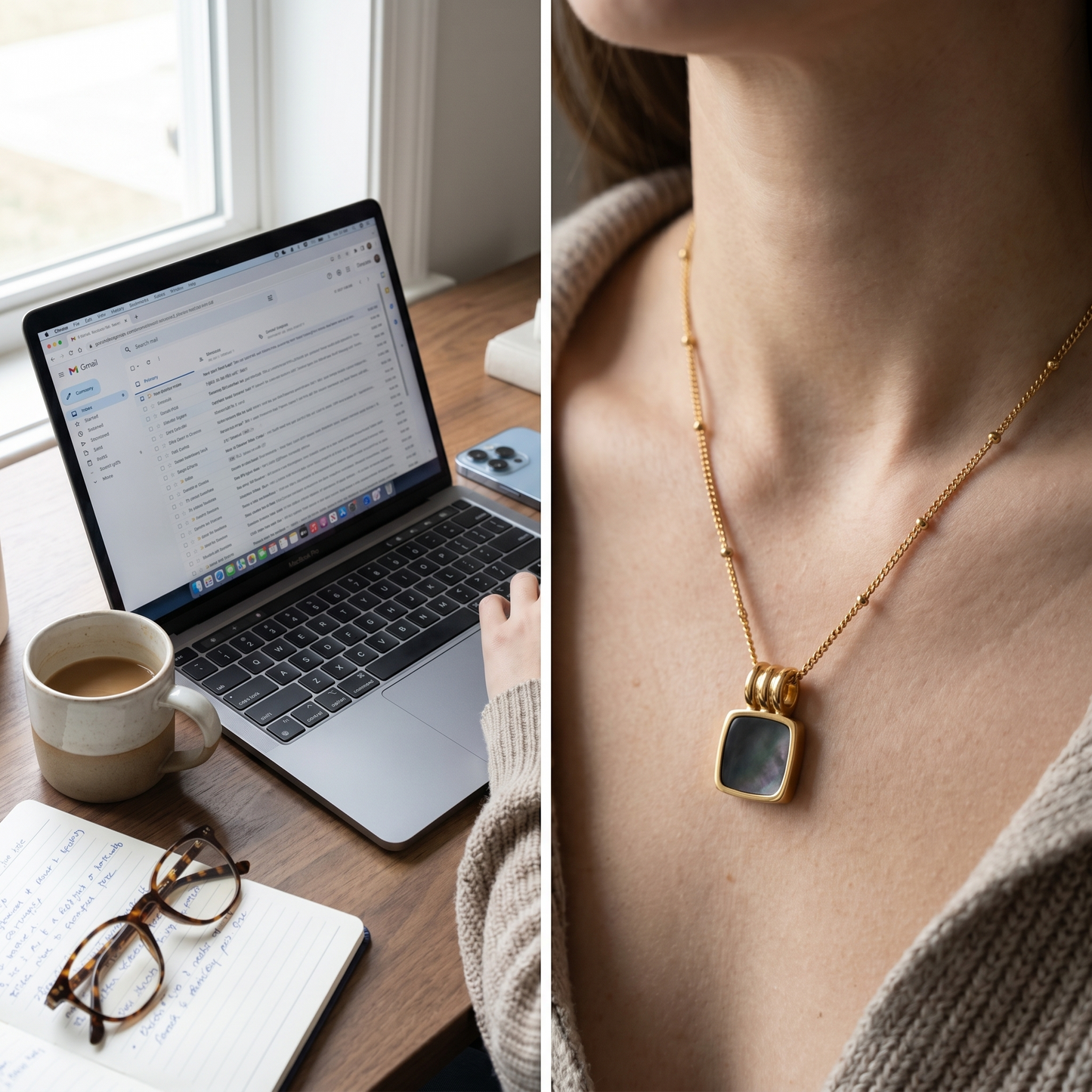 Pendente Notte Conchiglia Nera Oro 18K - lifestyle scrivania quotidiana - UpperEast Jewels