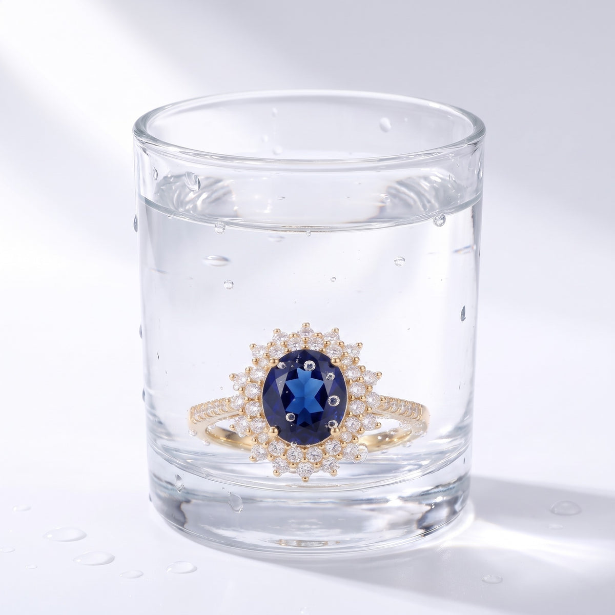 Anillo con piedra azul y circonitas bañado en oro de 18K sumergido en el agua