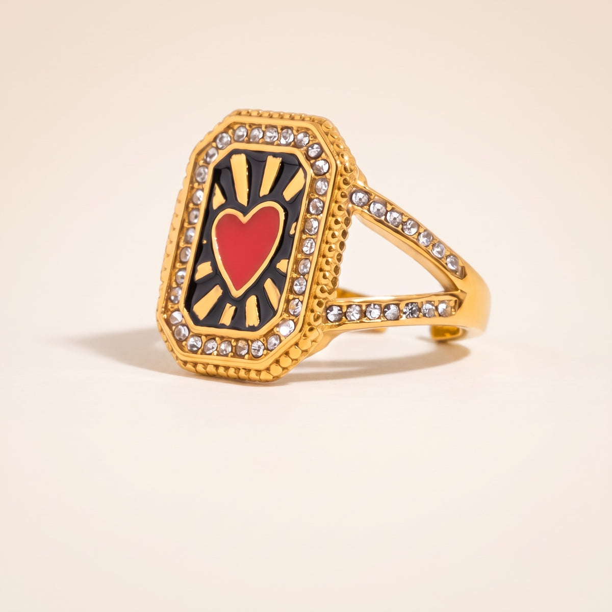 Anillo corazón rojo vintage bañado en oro de 18K