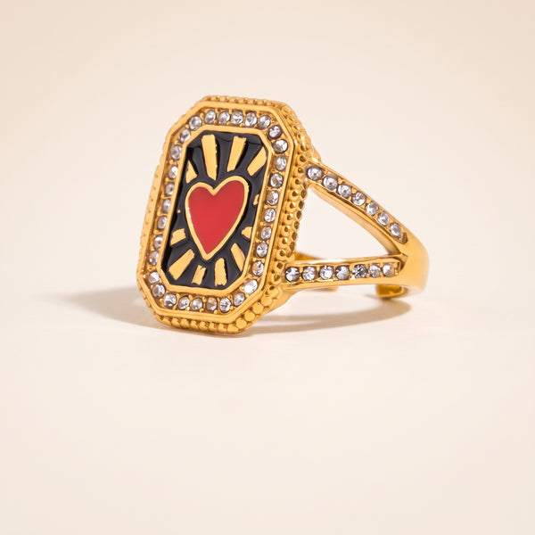 Anillo corazón rojo vintage bañado en oro de 18K