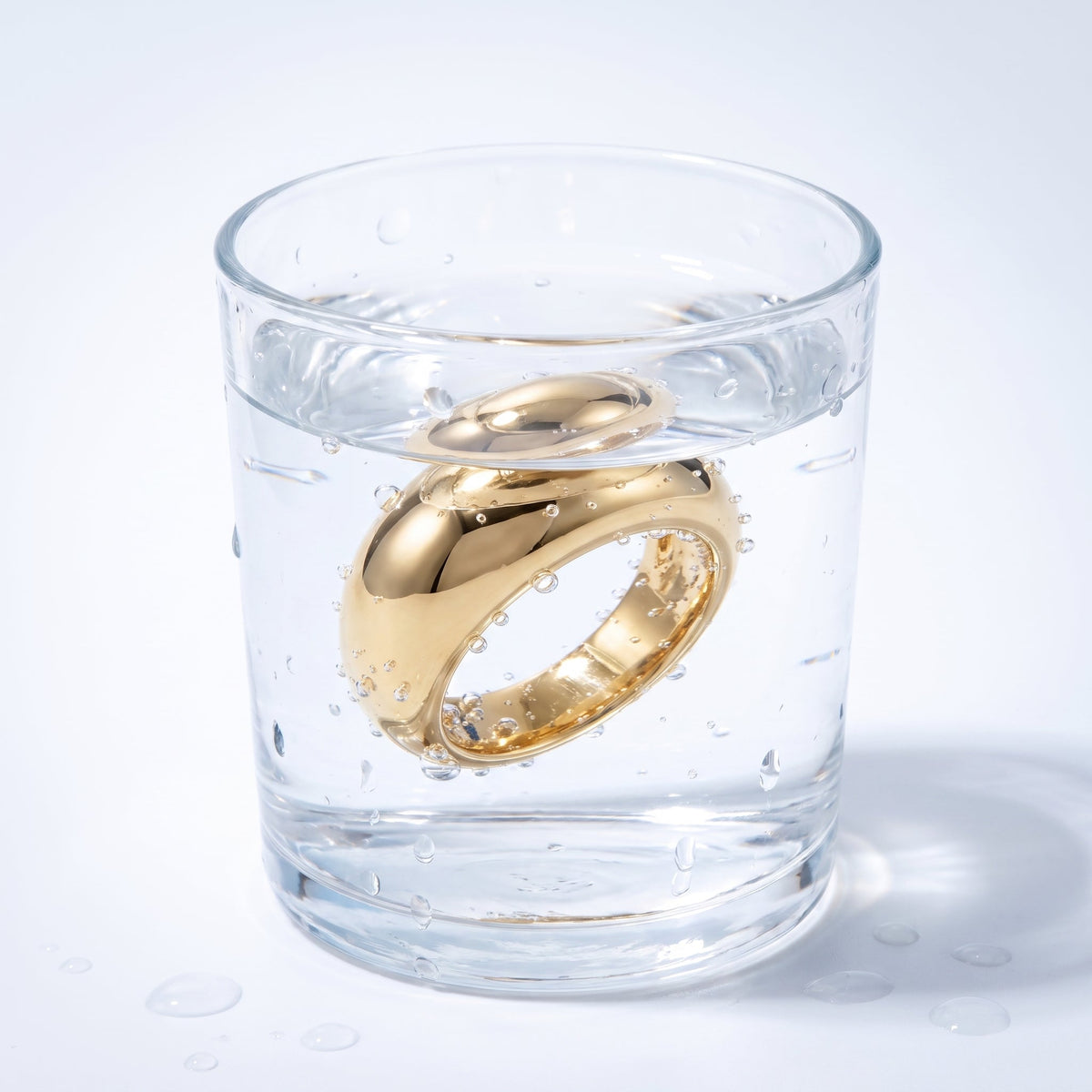 18K gold plated plain dome ring in a glass of water