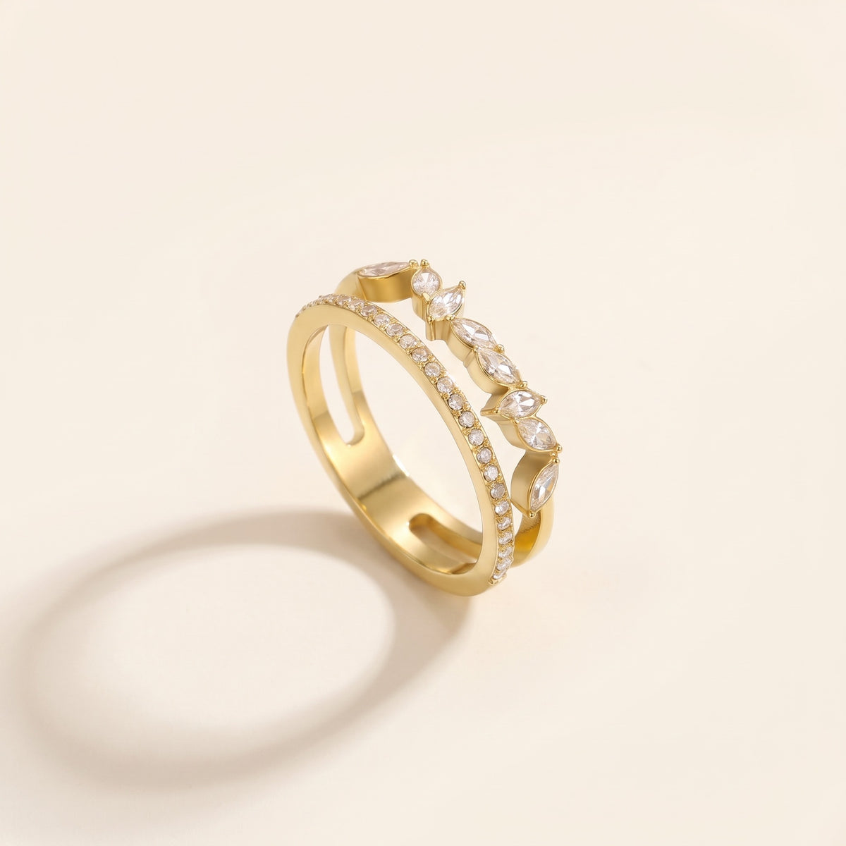 18K gold plated double-band pavé ring with crystals