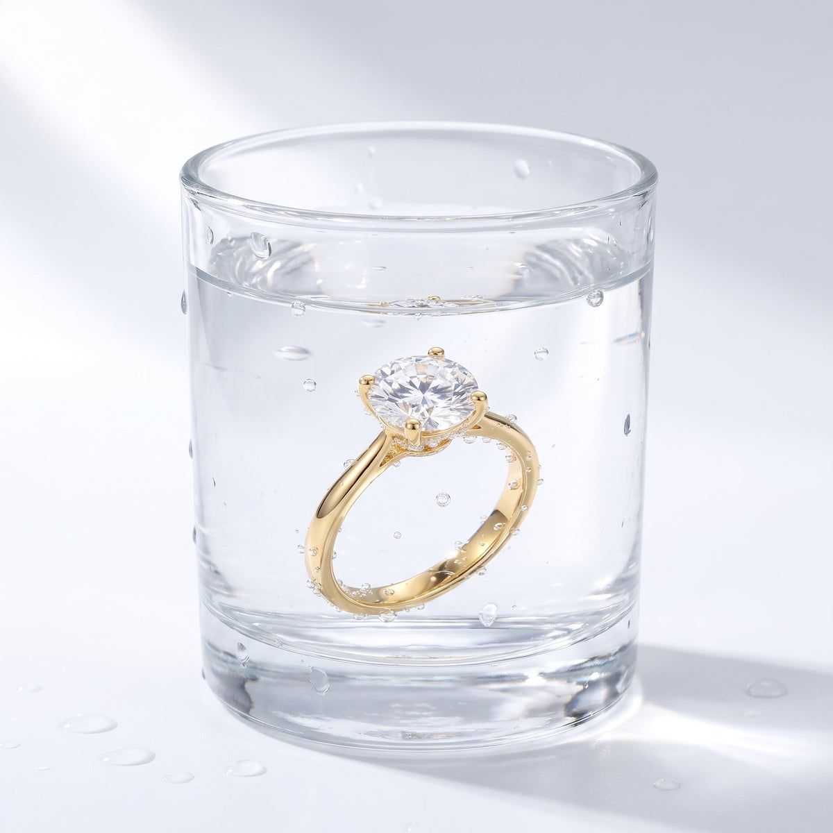 18K gold plated solitaire ring with a cubic zirconia in a glass of water